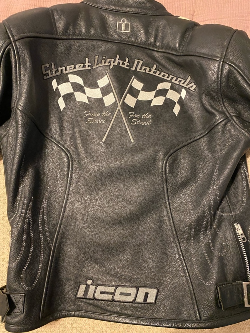 ICON Black Leather Racing Jacket with Silver Logos - Picture 3 of 3